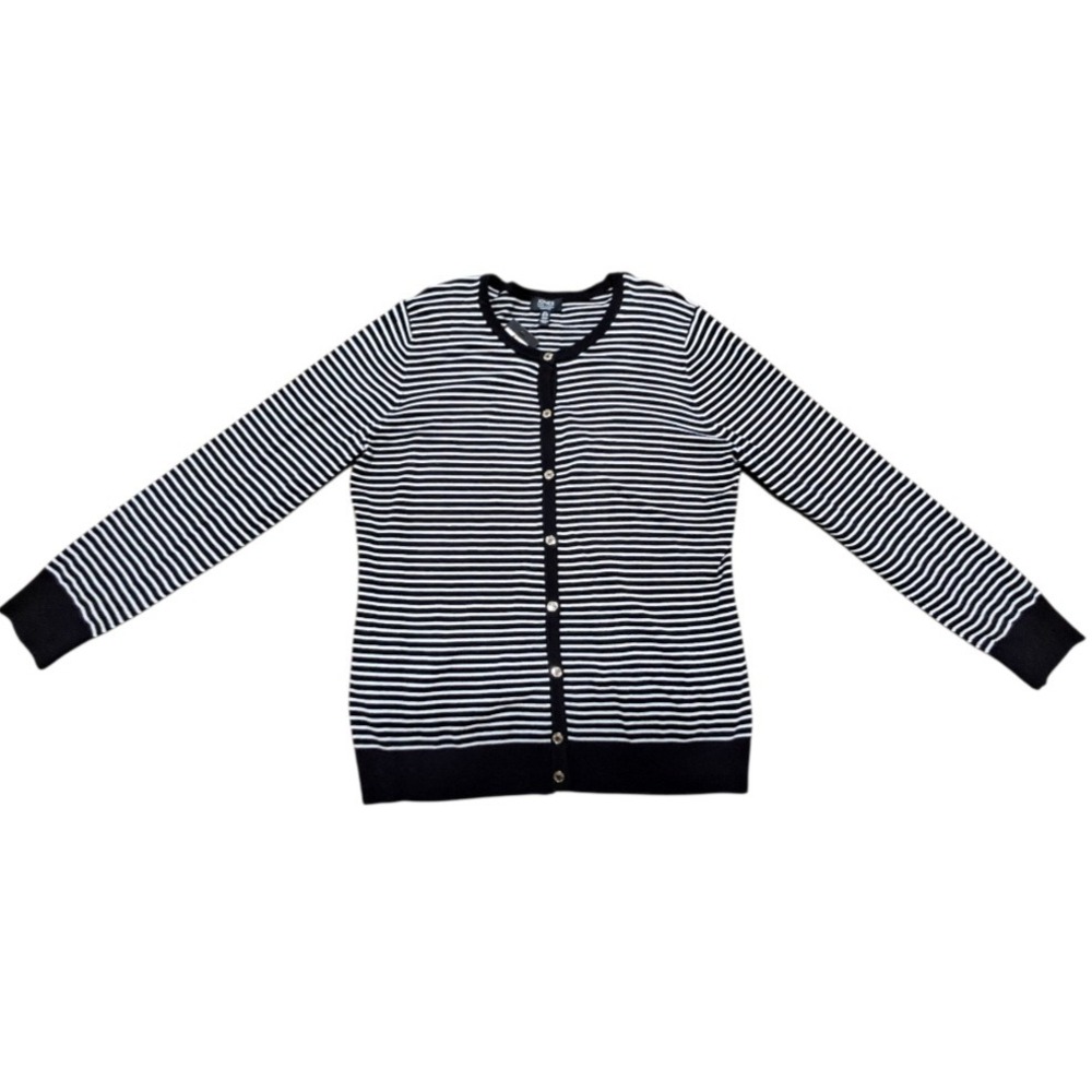 JONES NEW YORK SIGNATURE Black White Stripe Button Front Cardigan Sweater Size L